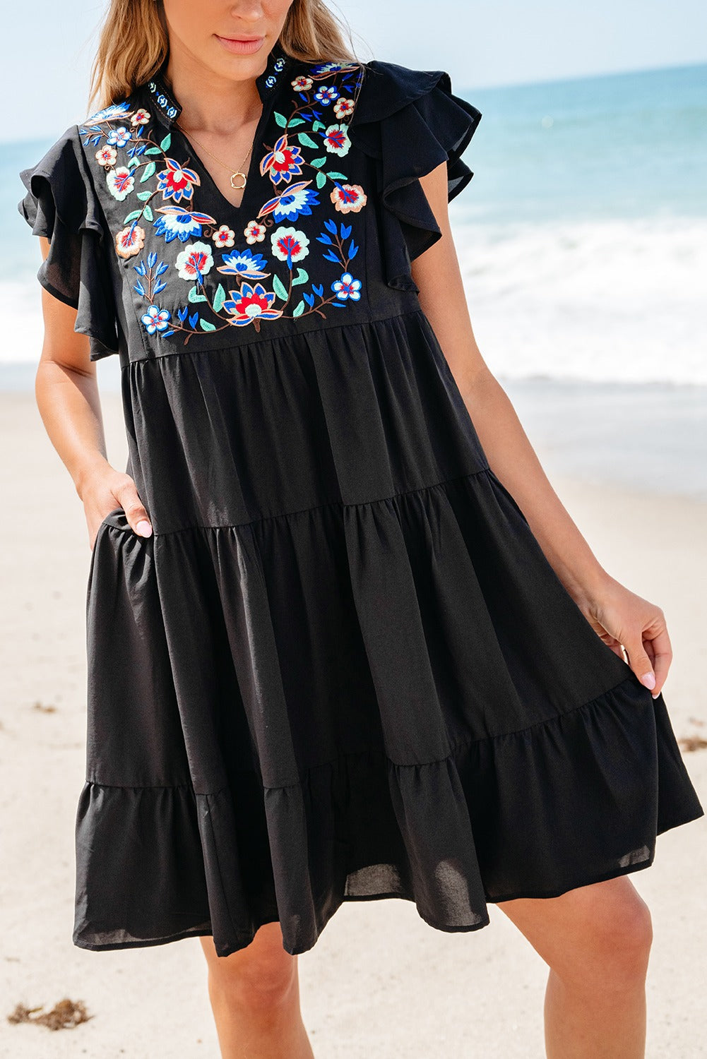 Embroidered Floral Tiered Ruffled Mini Dress