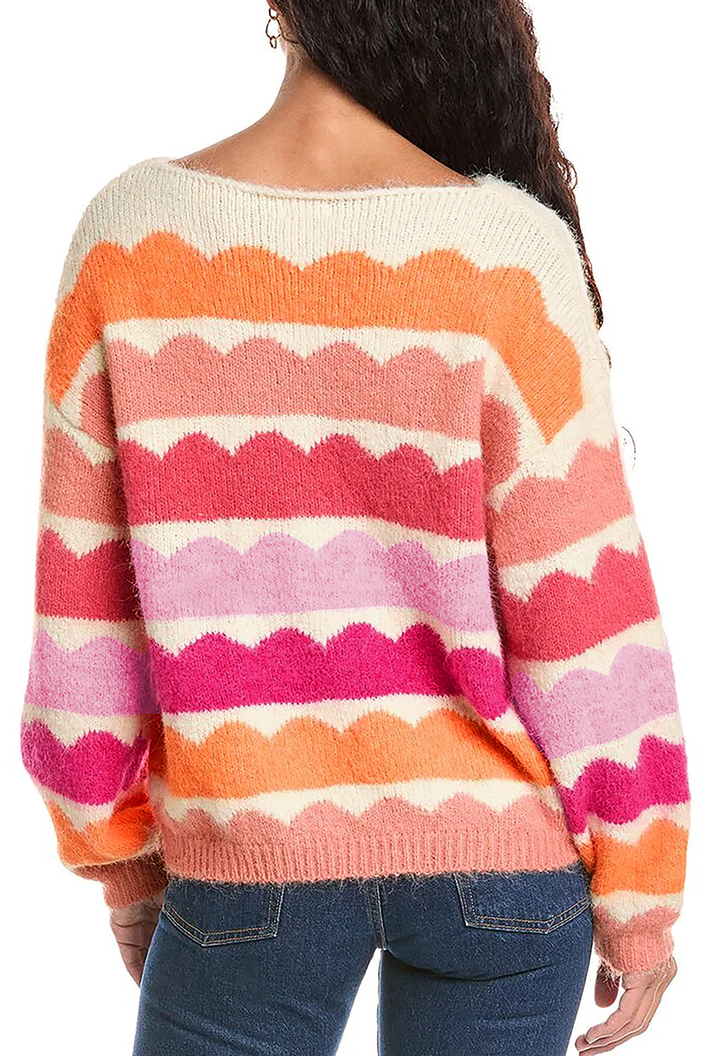 Wave Striped Balloon Sleeve Loose Sweater