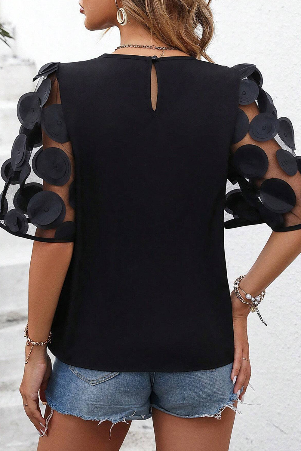 Contrast Applique Mesh Half Sleeve Blouse