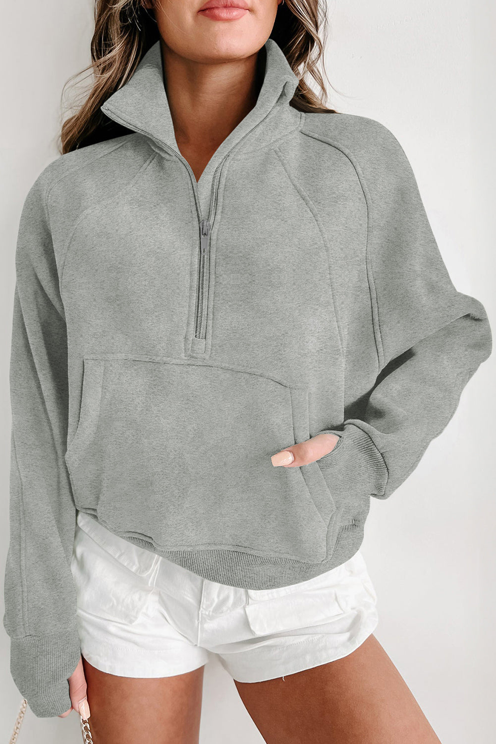 Zip Up Stand Collar Thumbhole Sleeve Sweatshirt