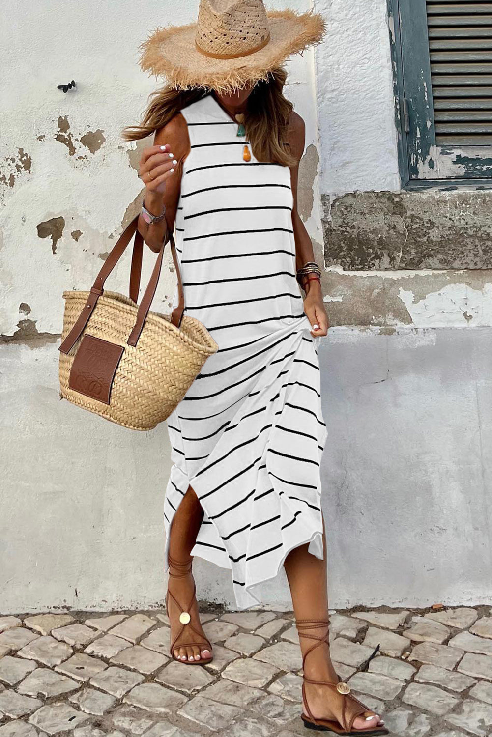 Stripe Print Open Back Sleeveless Dress