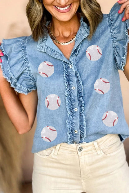 Sequin Flower/Baseball Ruffled Sleeve Frayed Denim Top