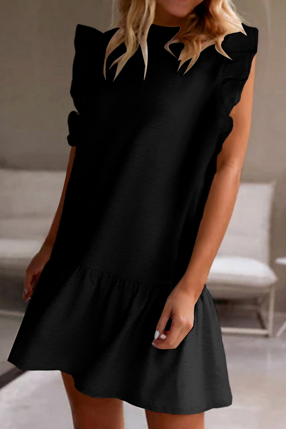 Flutter Sleeve Crew Neck Shift Dress