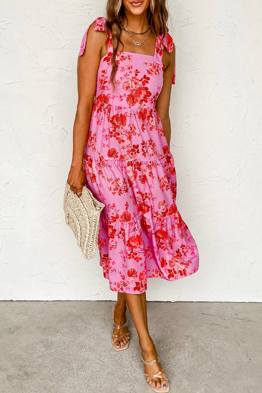 Tie Shoulder Straps Tiered Floral Dress