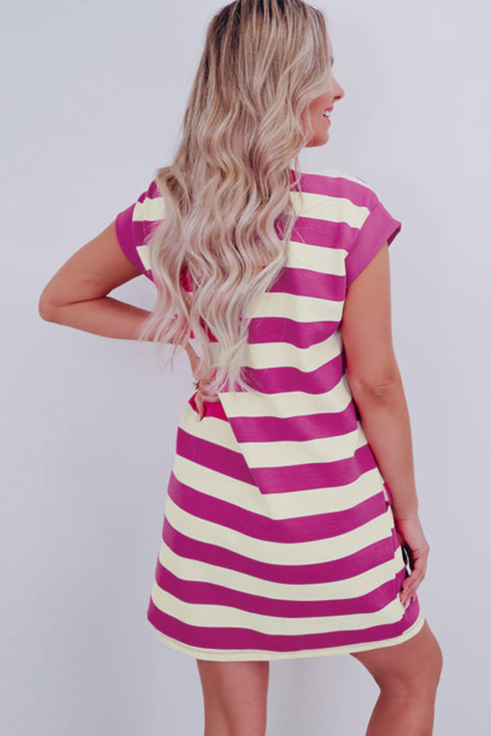 Stripe Cap Sleeve Pocketed T-shirt Dress