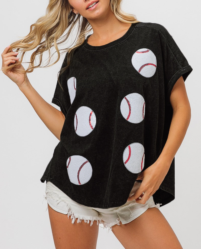 Washed Baseball Sequin Patch T-shirt