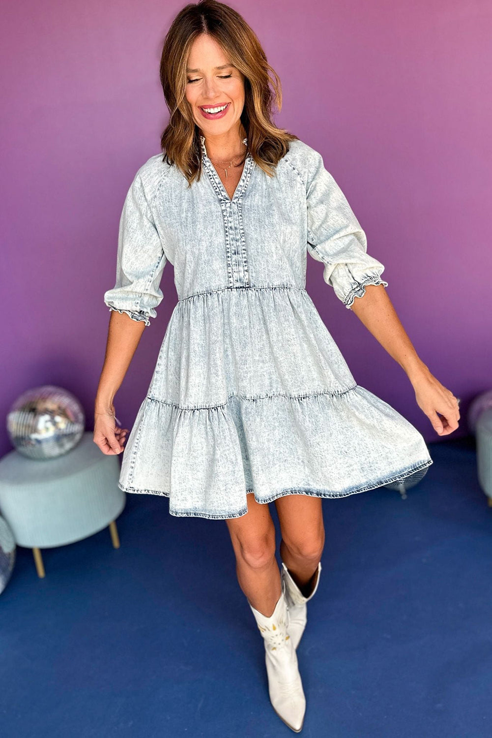 Wash Half Sleeve Flared Denim Dress