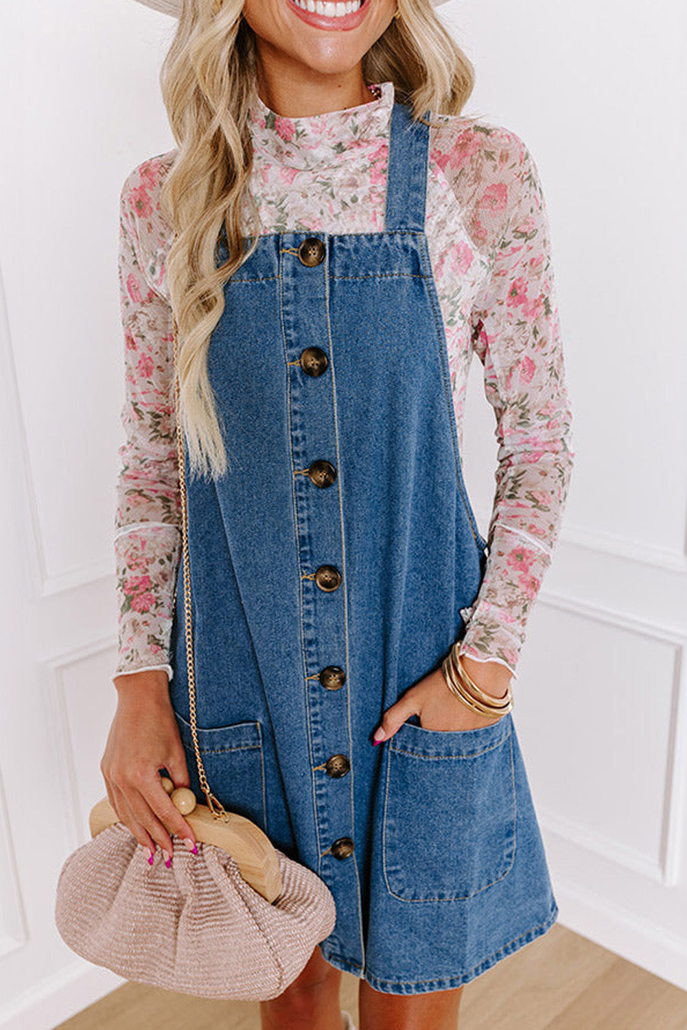 Front Button Pocketed Denim Dress