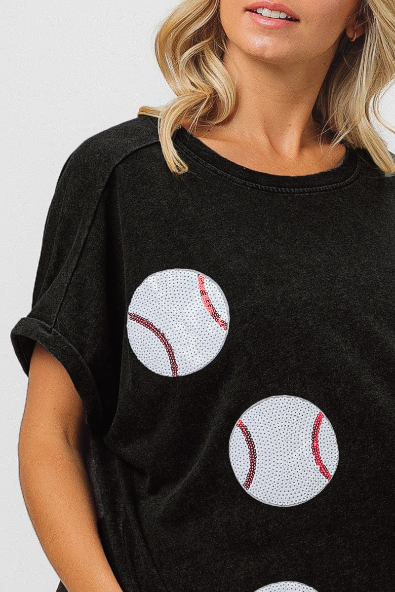 Washed Baseball Sequin Patch T-shirt