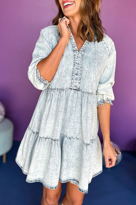 Wash Half Sleeve Flared Denim Dress