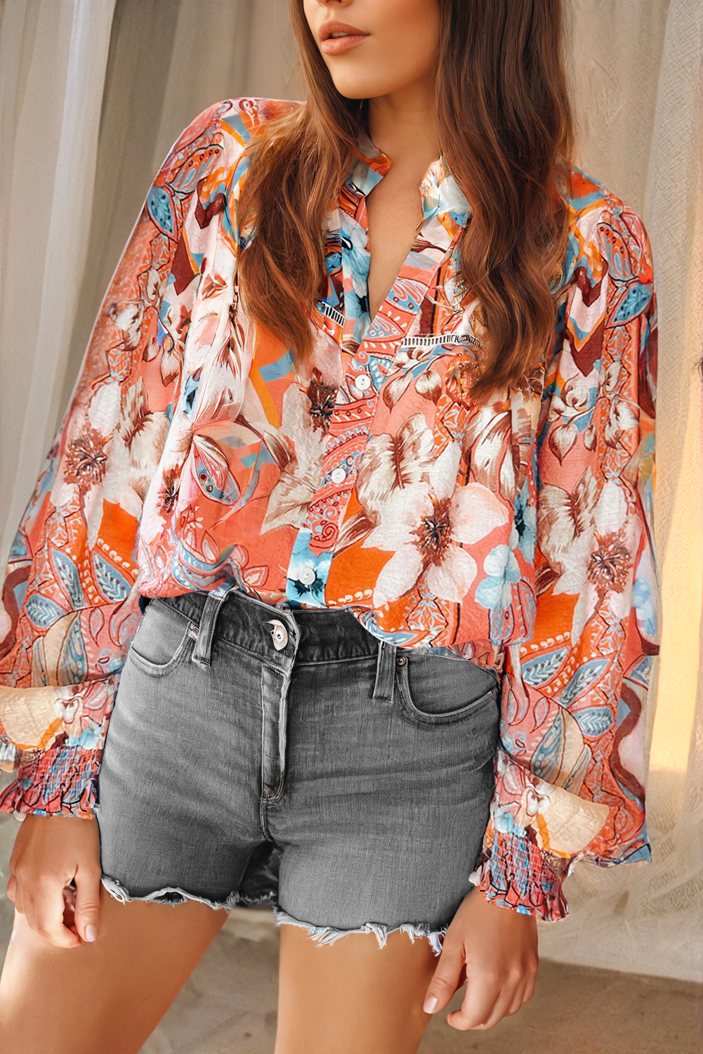 Floral Shirred Cuff Buttoned Shirt