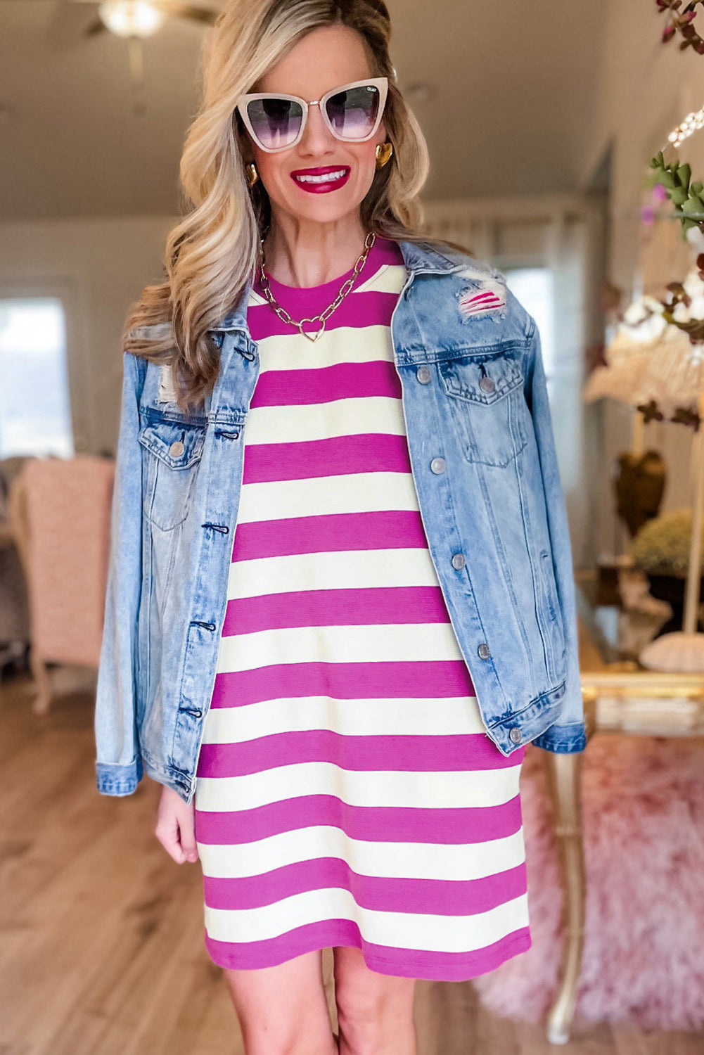 Stripe Cap Sleeve Pocketed T-shirt Dress