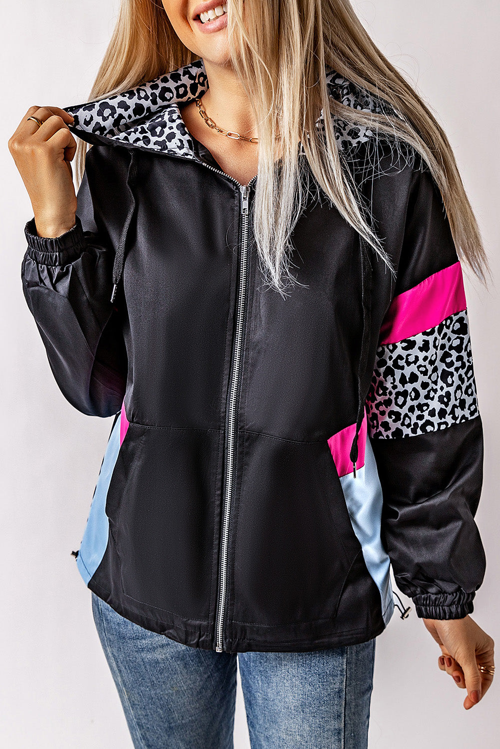 Leopard Print Zip Hooded Oversized Jacket