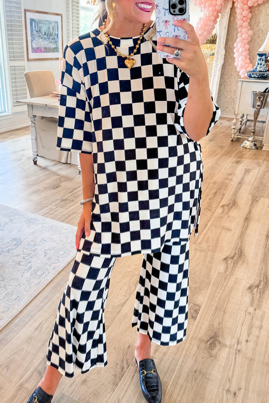 Checkered Tee and Flared Pants Set