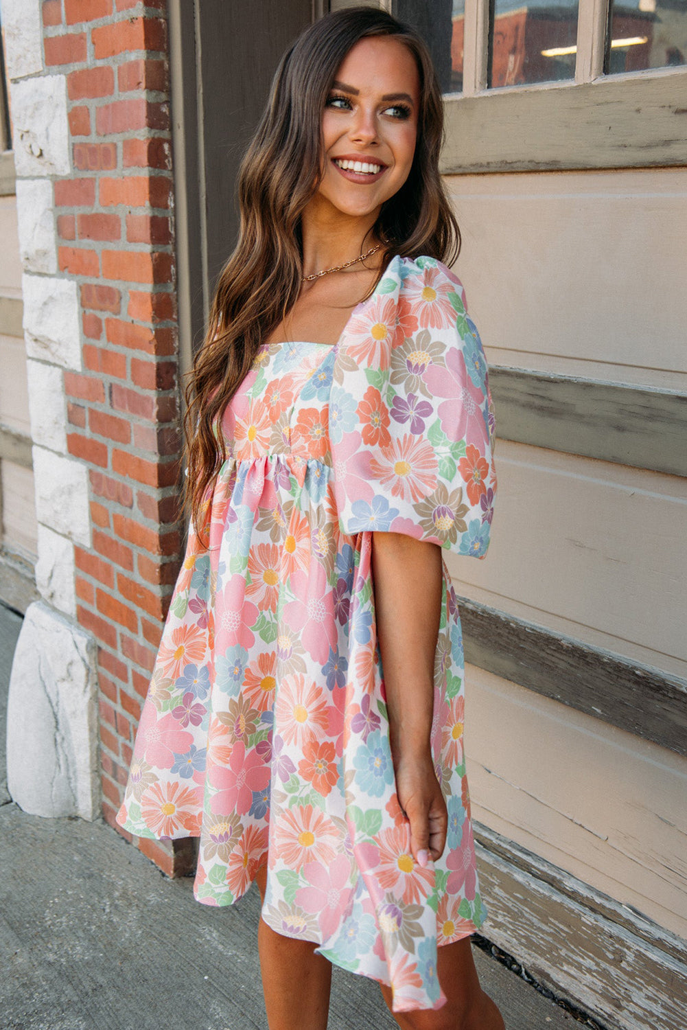 Floral Square Neck Puff Sleeve Babydoll Dress