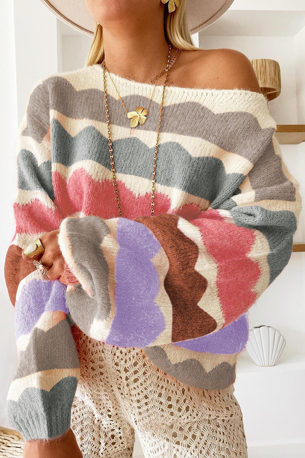 Wave Striped Balloon Sleeve Loose Sweater