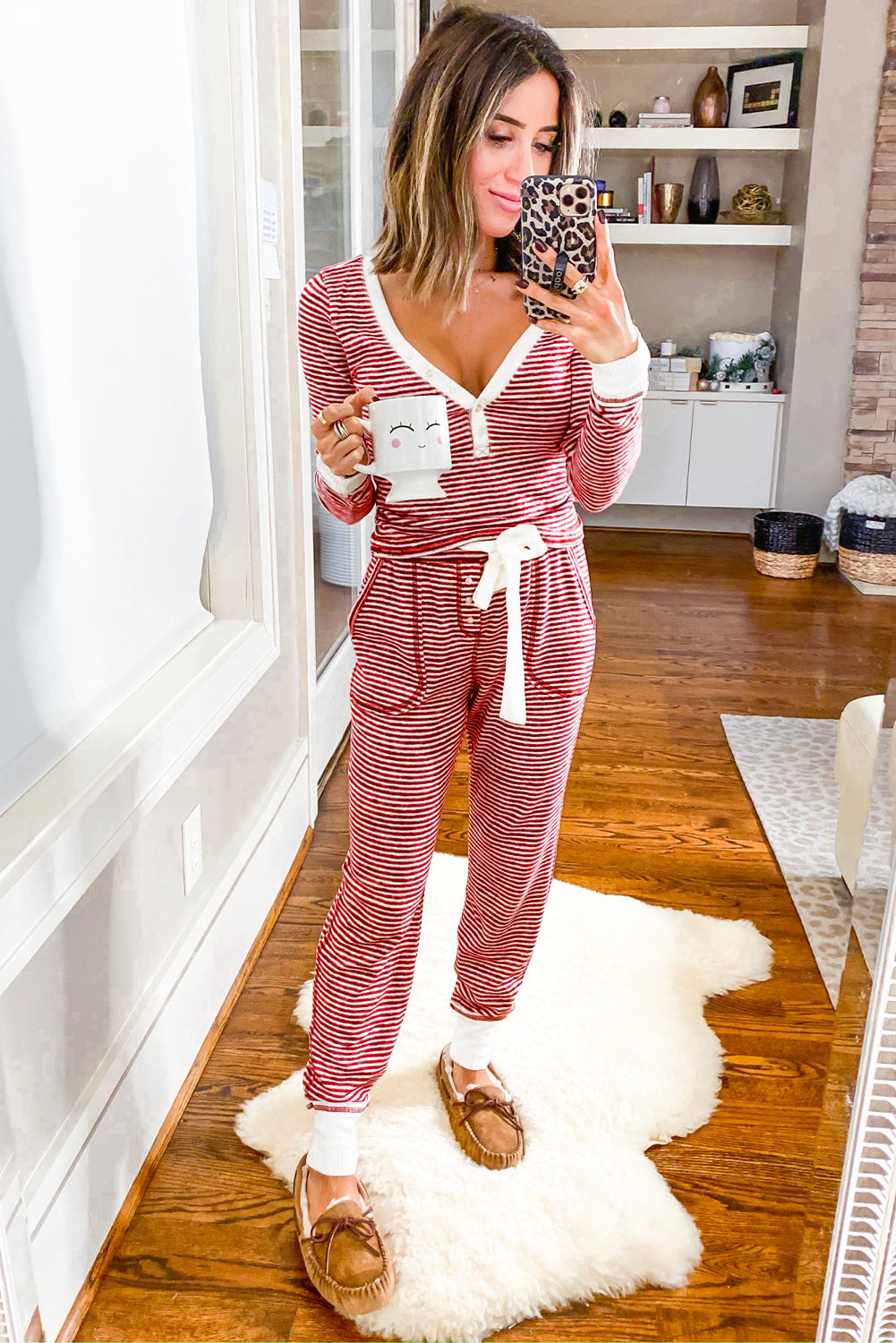 Stripe Buttoned Top and Knotted Waist Pants Lounge Set