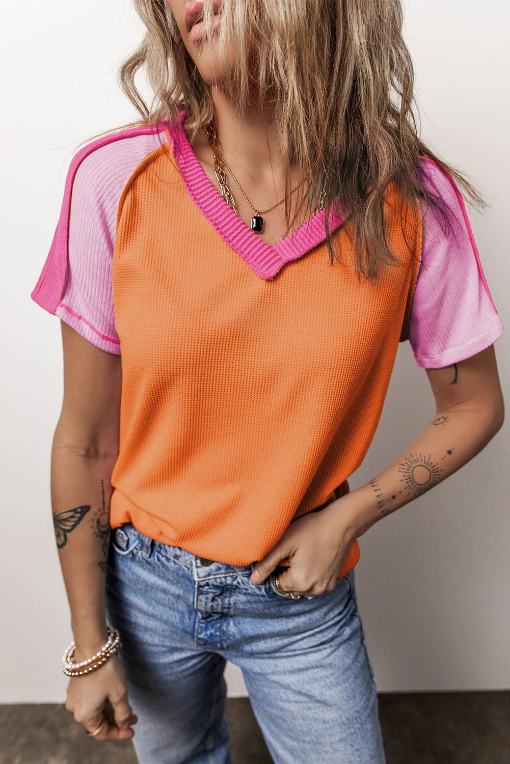 Waffle Knit Exposed Seam Patchwork V Neck Tee