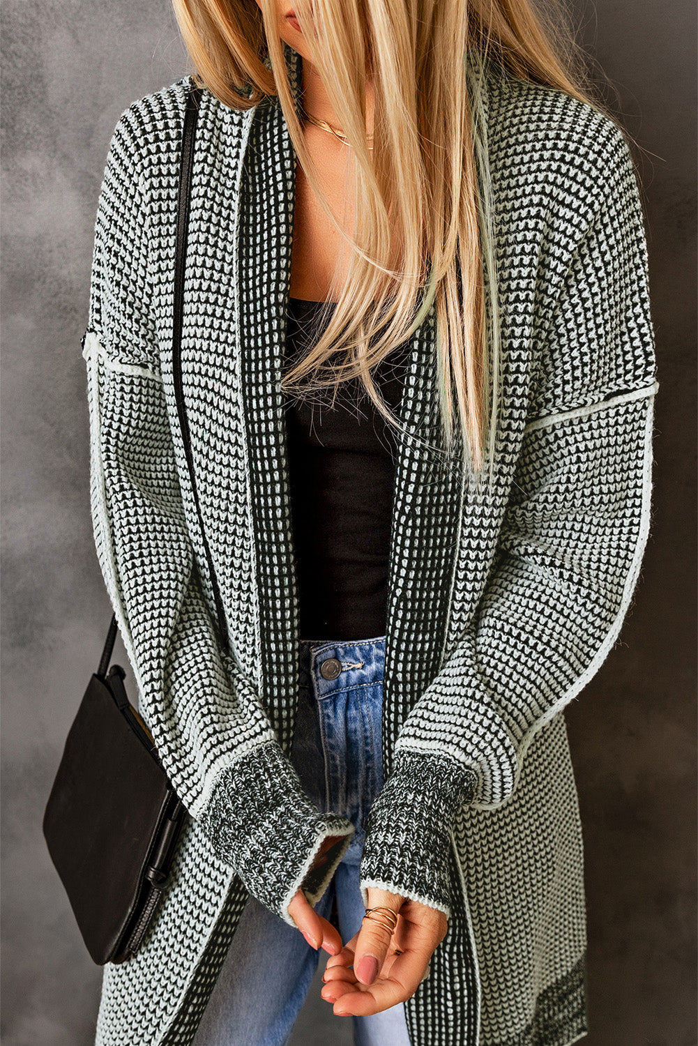 Plaid Knitted Long Open Front Cardigan