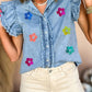 Sequin Flower/Baseball Ruffled Sleeve Frayed Denim Top