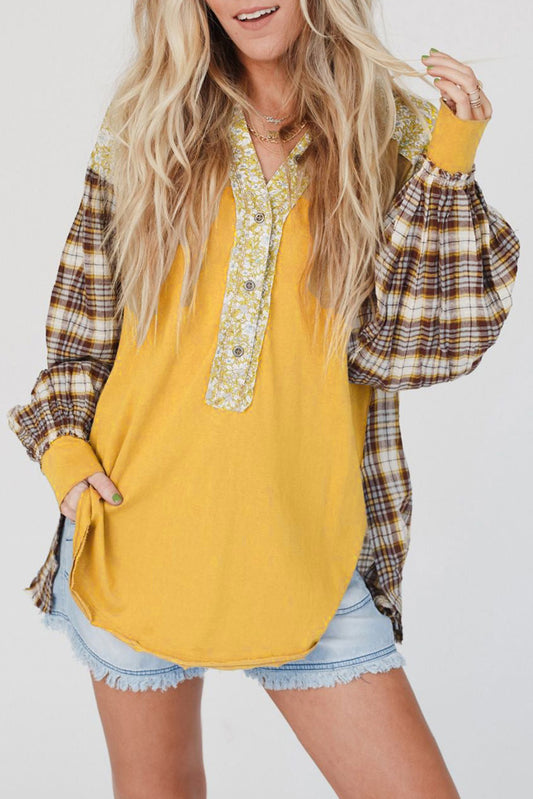 Plaid Mixed Print Bishop Sleeve Patchwork Top