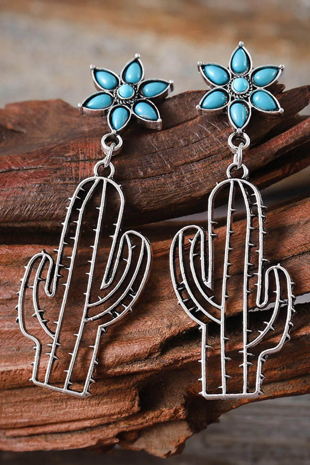 Silvery Western Turquoise Flower Cactus Dangle Earrings(moq:2)