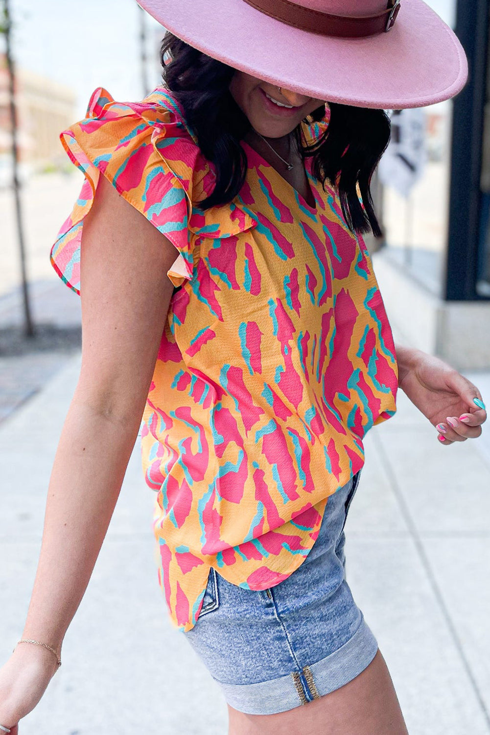 Abstract V Neck Ruffled Sleeve Blouse