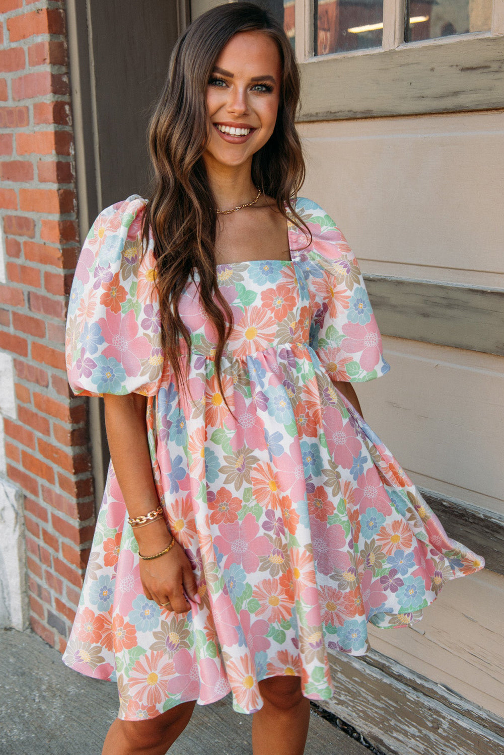 Floral Square Neck Puff Sleeve Babydoll Dress