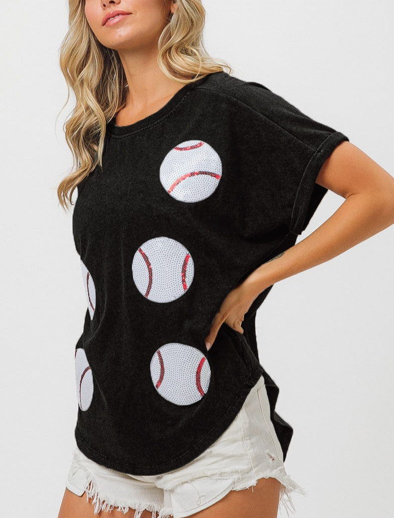 Washed Baseball Sequin Patch T-shirt