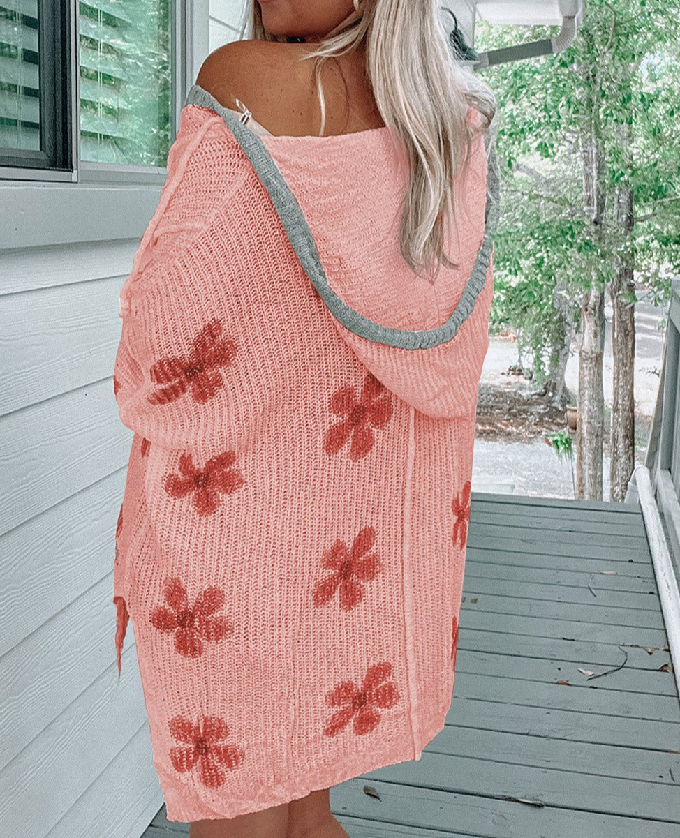 Floral Print Lightweight Knit Hooded Sweater