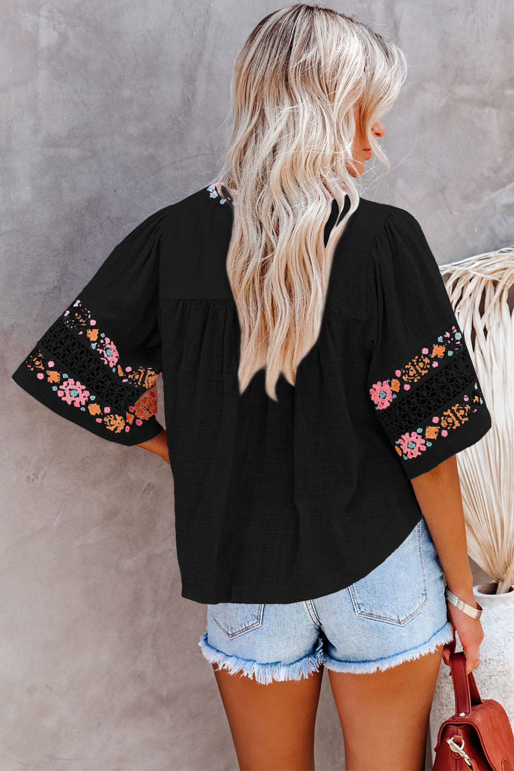 Tassel Drawstring Embroidered Sleeve Top