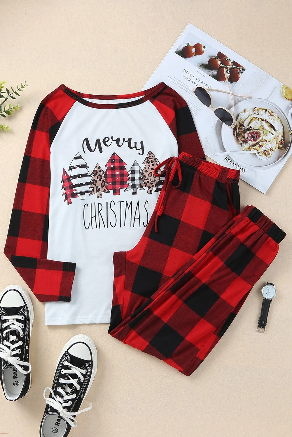 Christmas Plaid Merry Graphic Loungewear Set