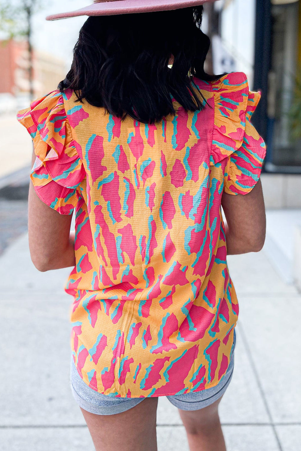 Abstract V Neck Ruffled Sleeve Blouse