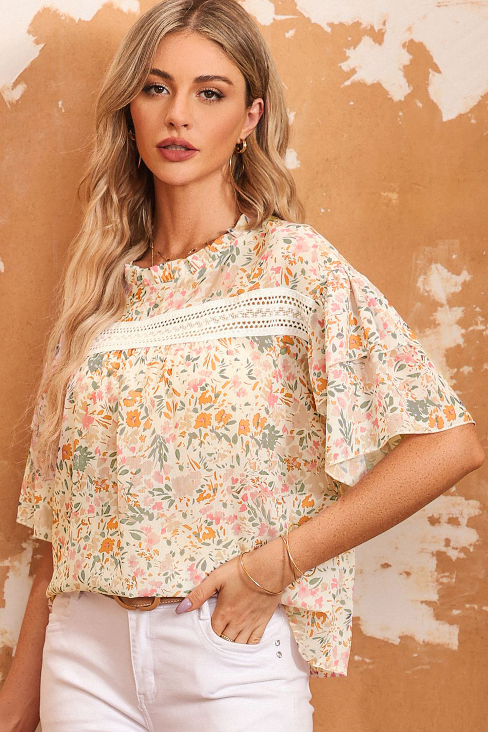 Floral Print Ruffle Sleeves Cutout Top