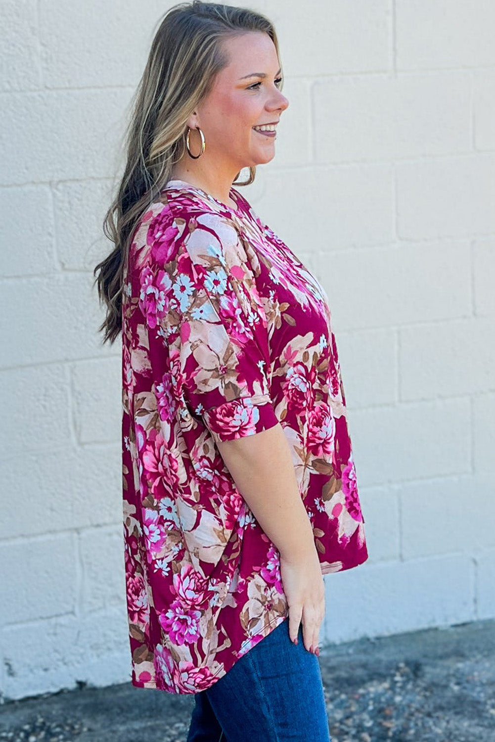 Plus Size Floral Print Short Sleeve Blouse