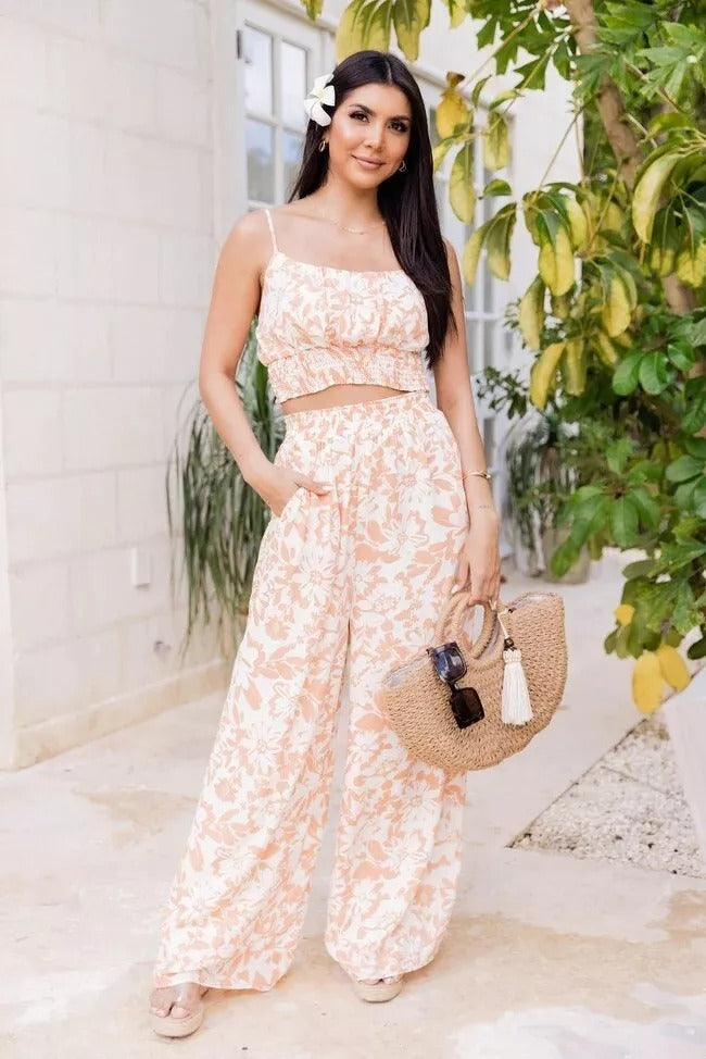 Floral Smocked Cami Crop Top Wide Leg Long Pants Set