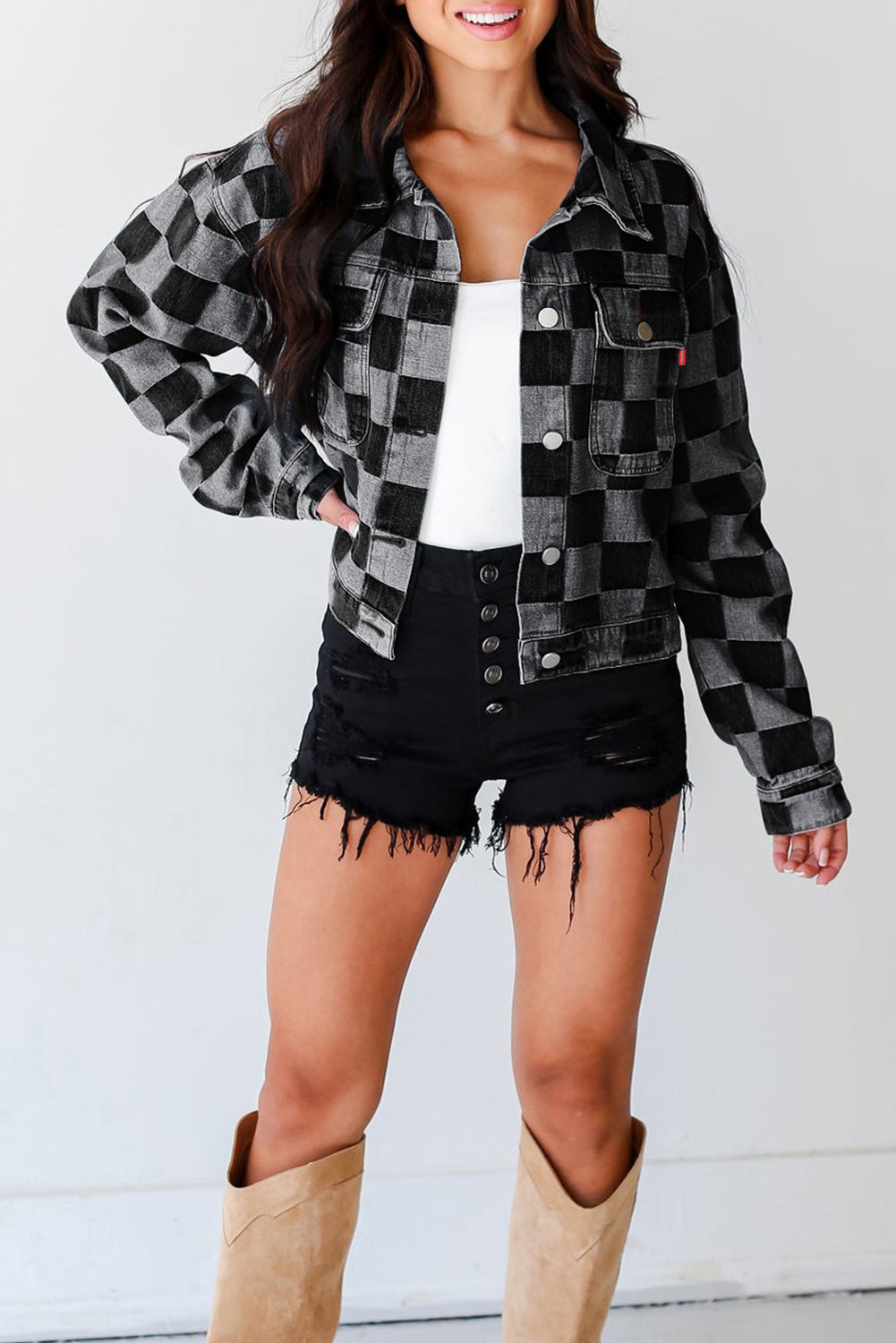 Checkered Patchwork Button up Denim Jacket