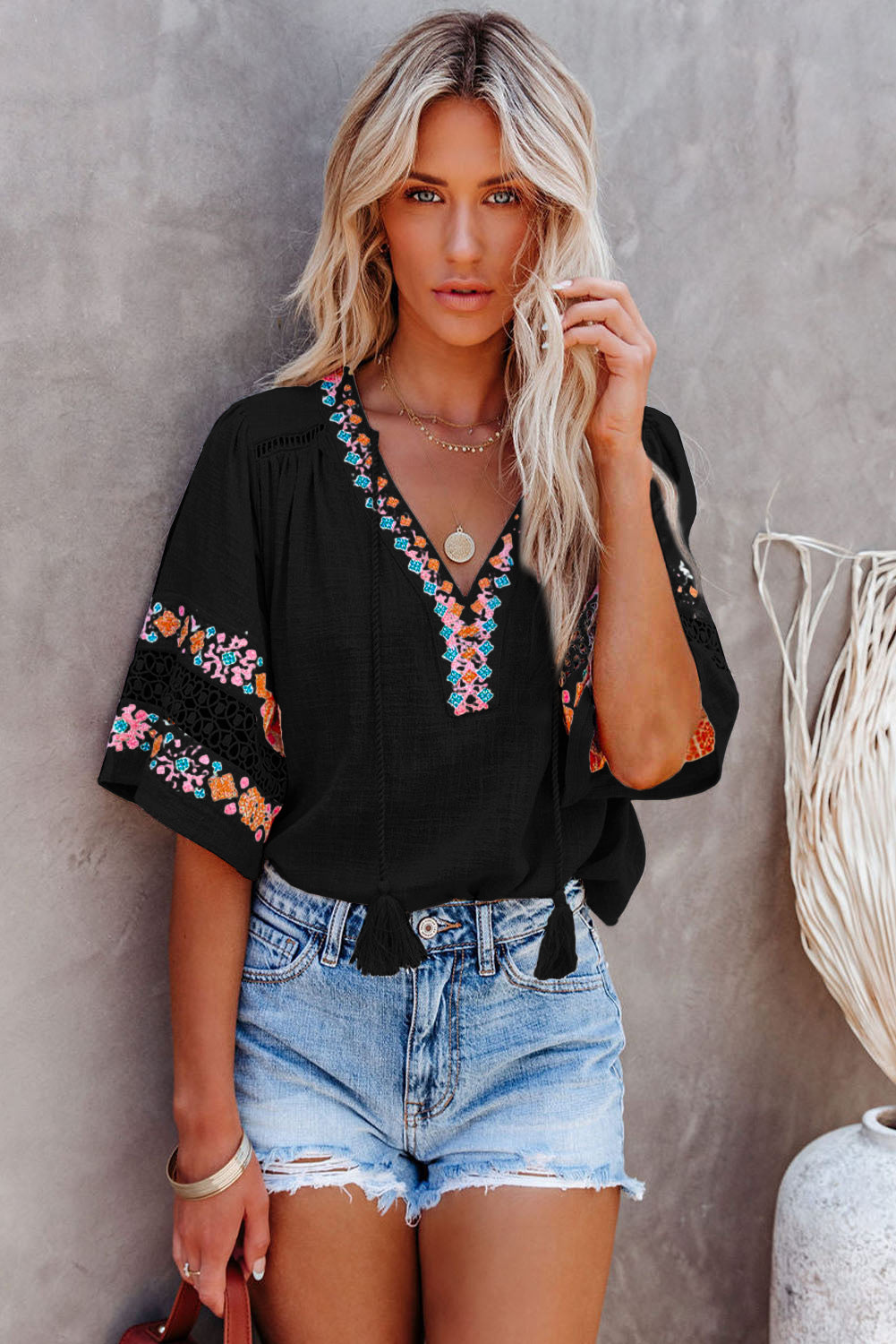 Tassel Drawstring Embroidered Sleeve Top