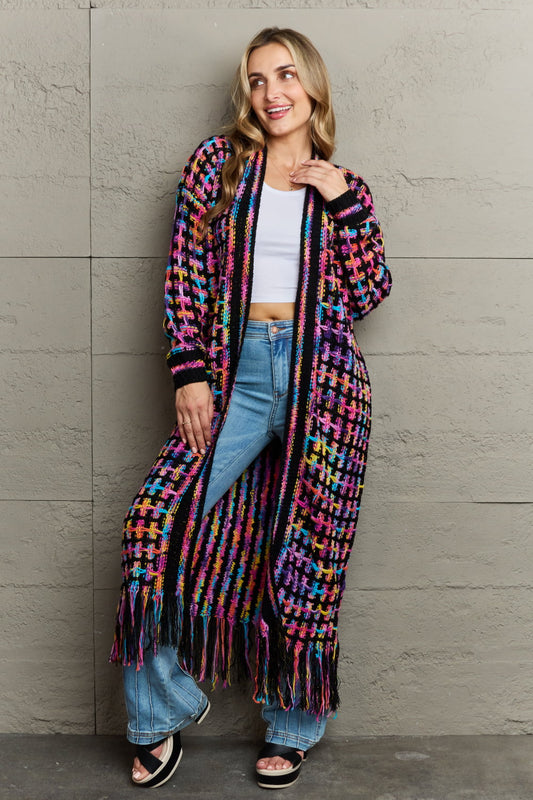 Maxi Cardigan in Multi Colors with Fringe Hem