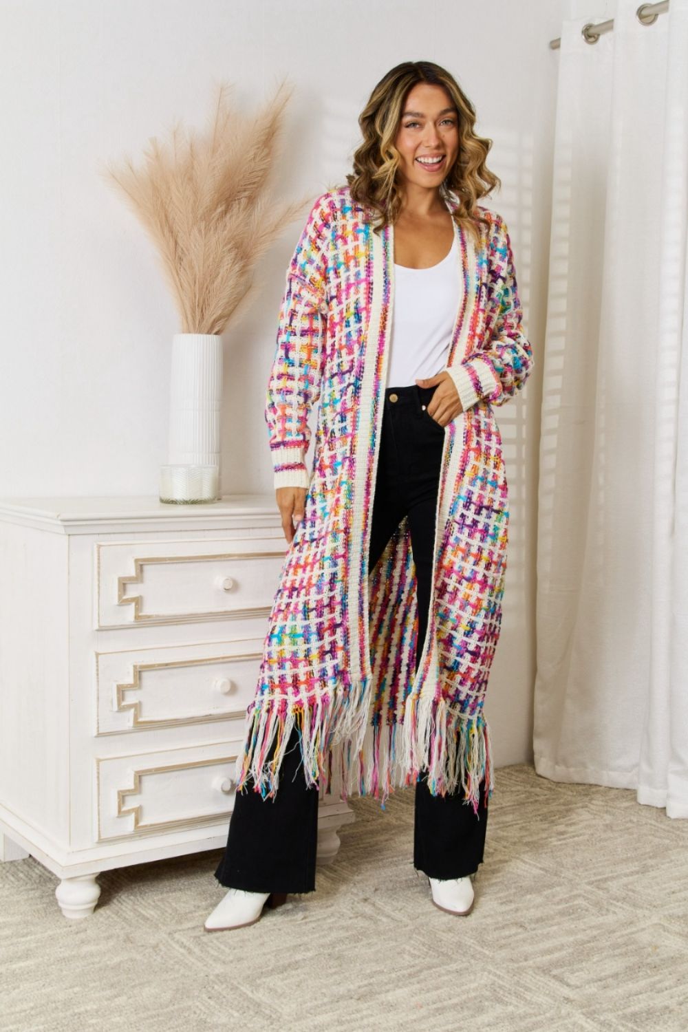 Maxi Cardigan in Multi Colors with Fringe Hem