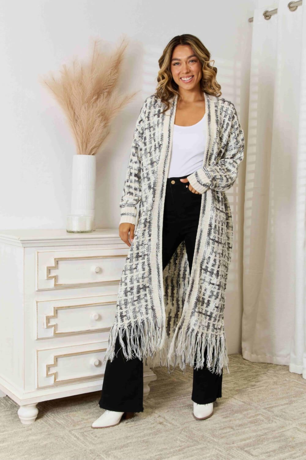 Maxi Cardigan in Multi Colors with Fringe Hem