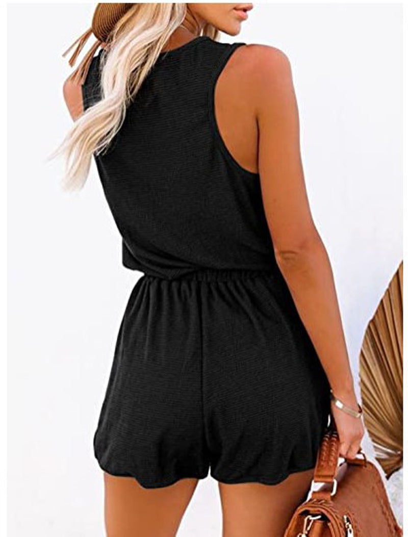 Solid Sleeveless Elastic Waist Jumpsuit