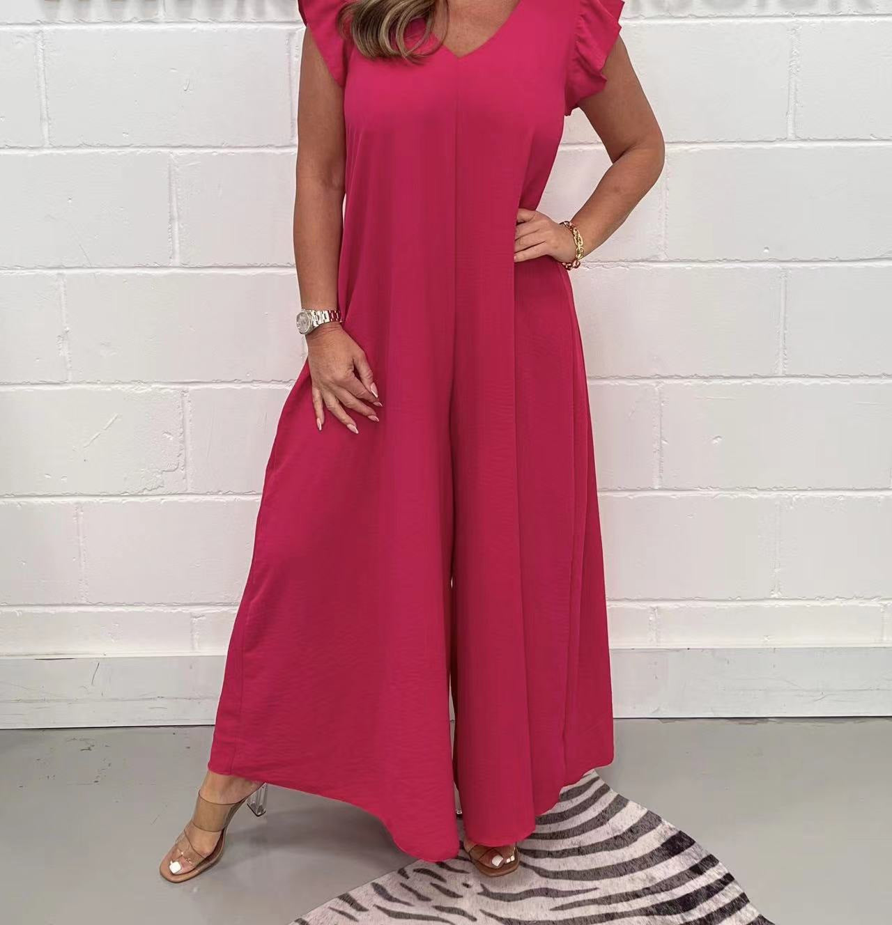 V-neck Ruffle Sleeve Wide-leg Jumpsuit