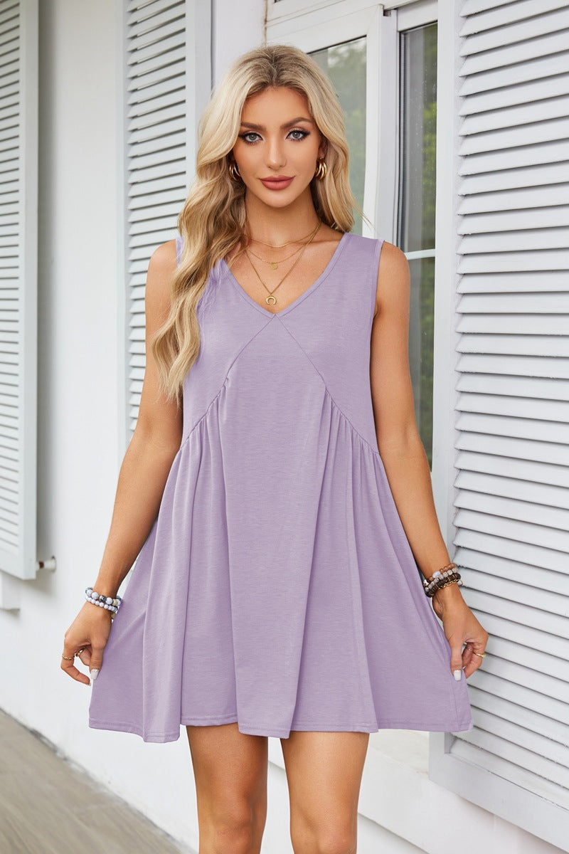 V-neck Sleeveless Pleated Pocket Dress