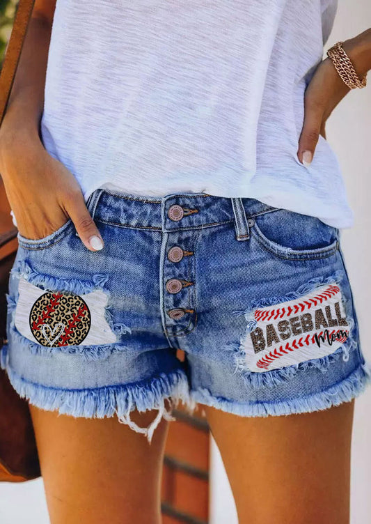 Mid-rise Printed Patch Denim Shorts