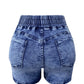 Washed Blue Elastic Waist Jeans Shorts