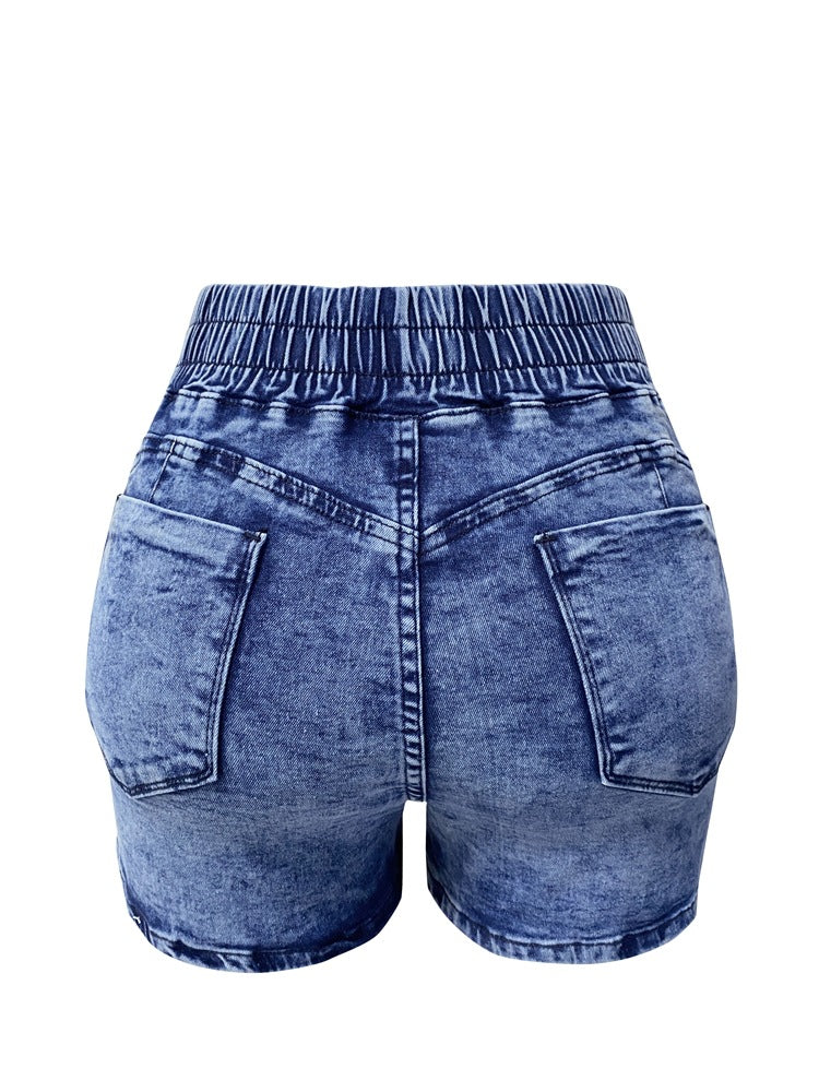 Washed Blue Elastic Waist Jeans Shorts