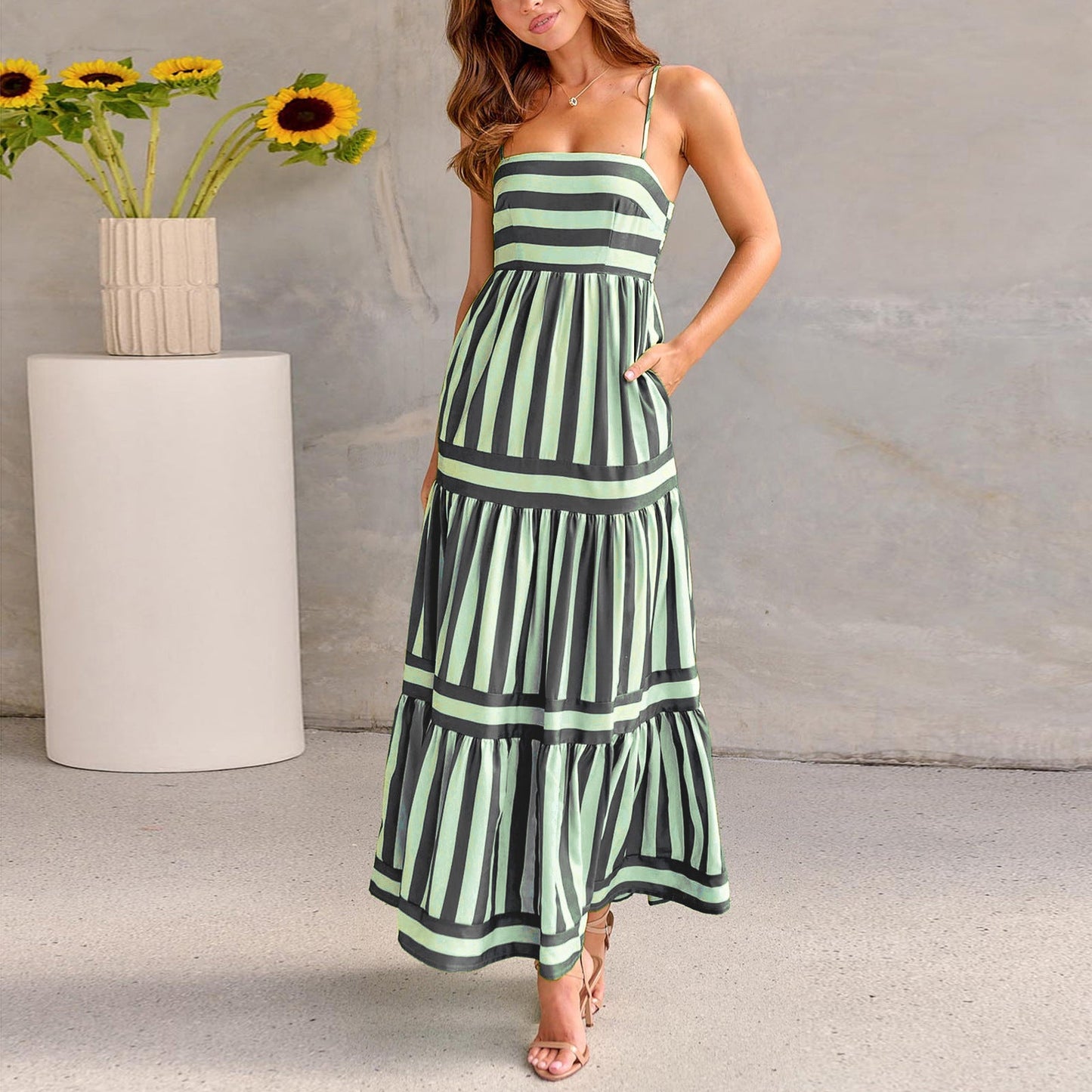 Striped Spaghetti Strap Smocked Tiered Dress