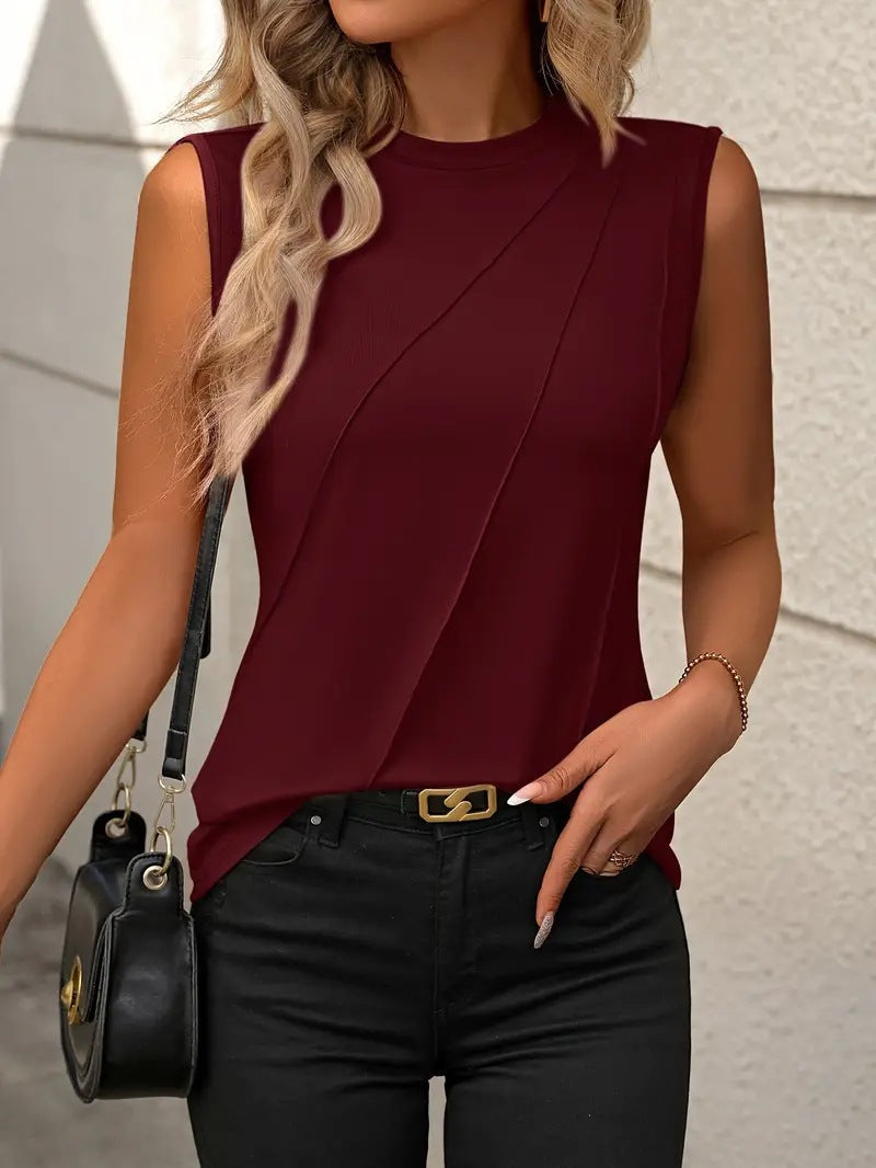 Solid Color Crew Neck Pleated Tank Top