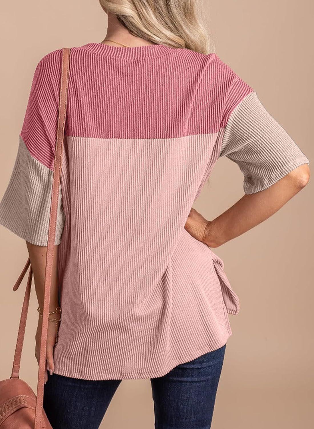 Ribbed Crew Neck Colorblock Top